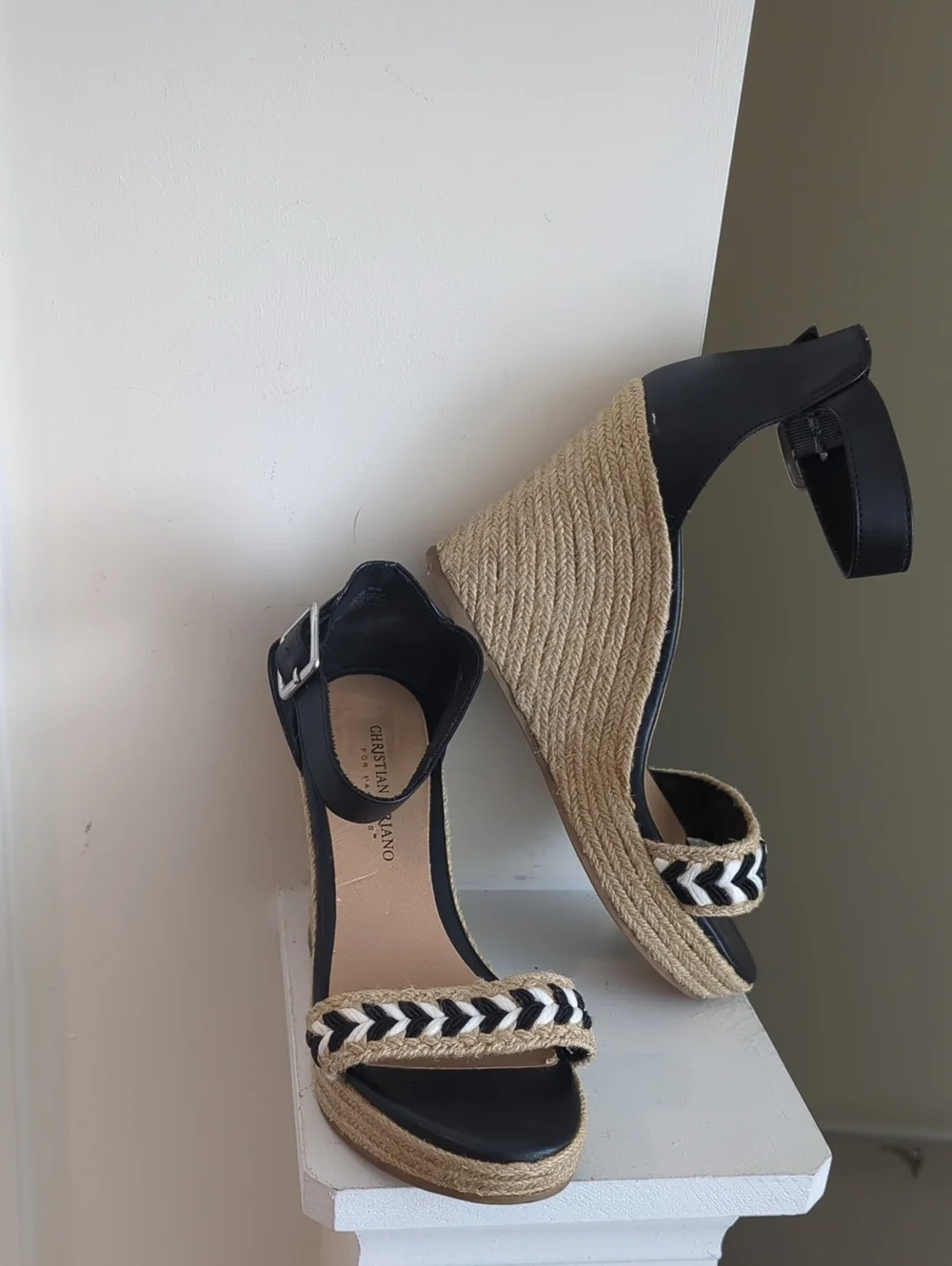 Christian Siriano Black and Natural Espadrille Wedge Sandals